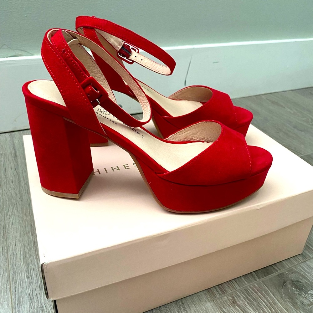Red suede Chinese Laundry heels. 3.75” heel 1.25” platform. Never worn.